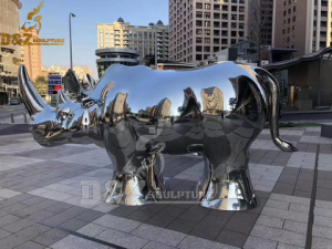 stainless steel sculpture art modern life size mirror finishing rhino sculpture DZM 923