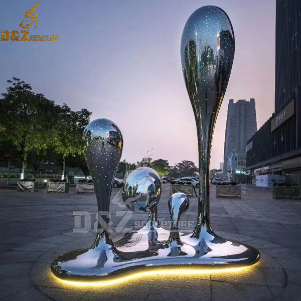 stainless steel water drop mirror finishing sculpture with light for garden DZM 1039