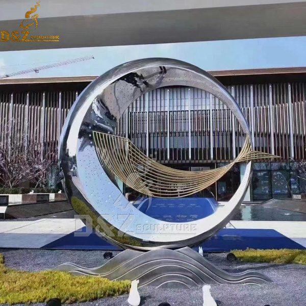 stainless steel metal modern circle with wire fish for garden decoration DZM 1064