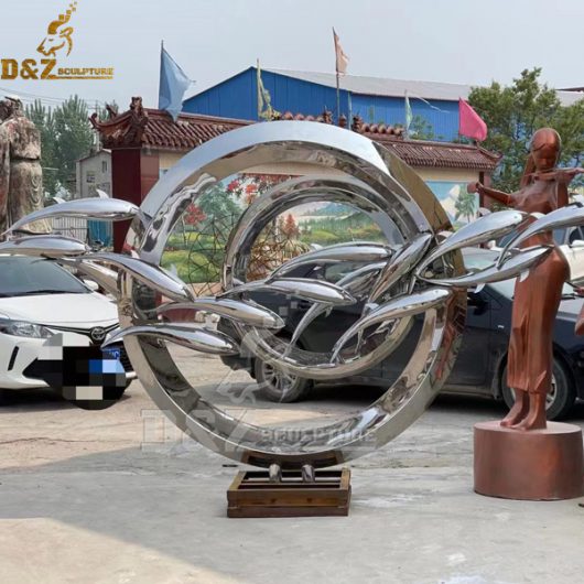 stainless steel sculpture art modern circle with fishes for garden DZM 1067