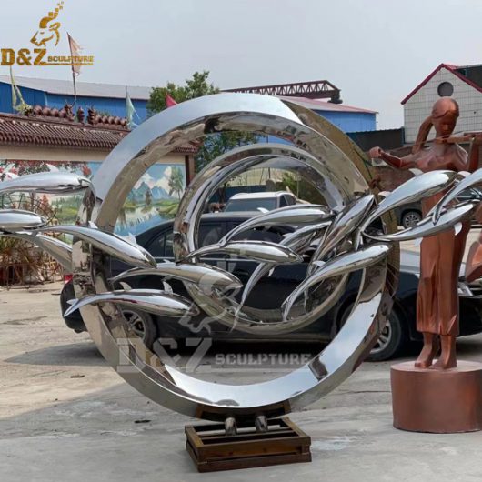 stainless steel sculpture art modern circle with fishes for garden DZM 1067