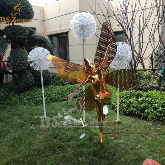 stainless steel gold plated metal fairy garden sculptures with dandelion sculpture DZM 1145