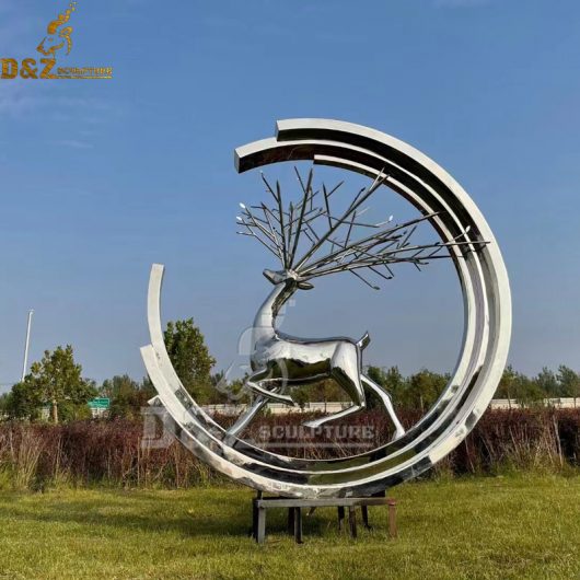 stainless steel sculpture life size 3D sculpture with deer sculpture with circle DZM 1155