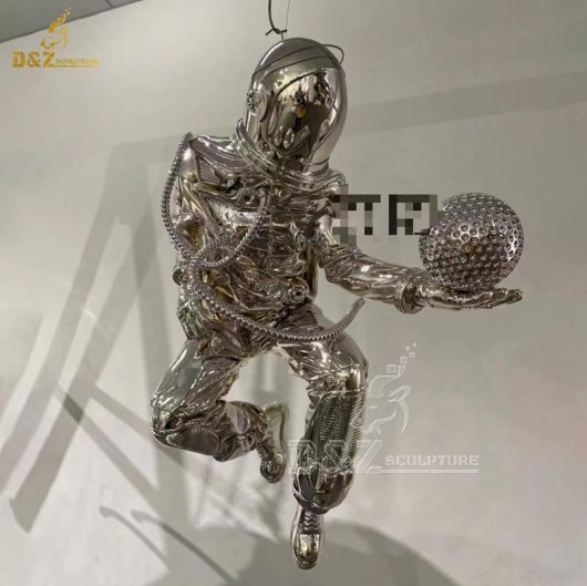 stainless steel sculpture art modern astronaut sculpture stand on a ball mirror finishing DZM 1277 (4)