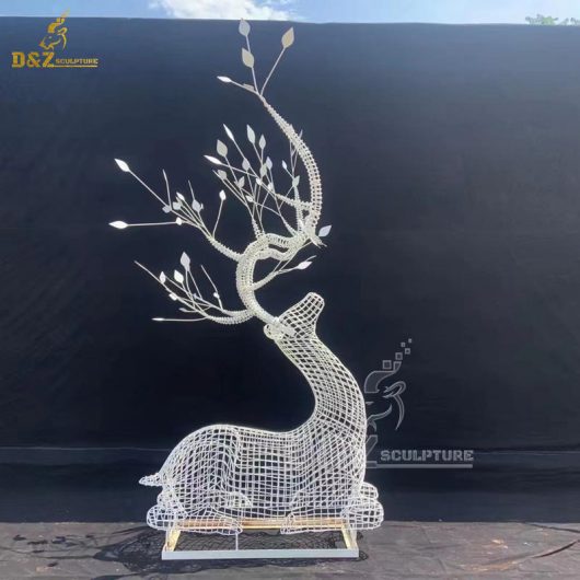 stainless steel wire life size deer set white sculpture for garden decorate DZM 1273 (2)