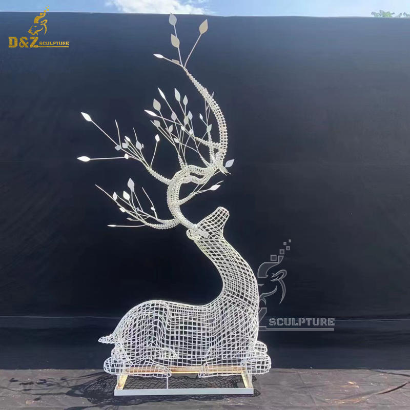 stainless steel wire life size deer set white sculpture for garden decorate DZM 1273