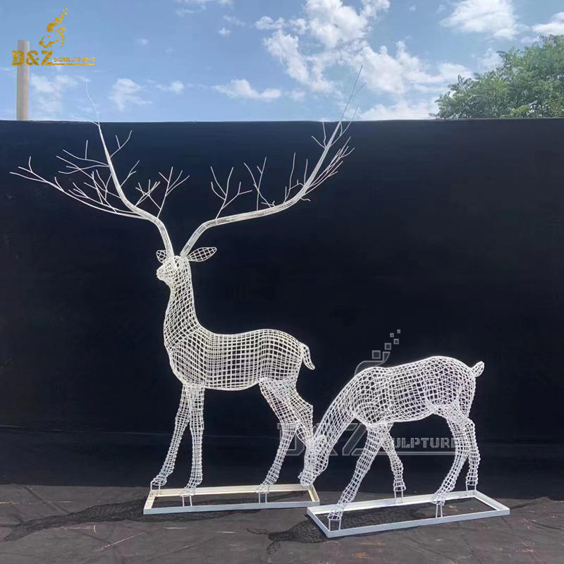 stainless steel wire life size deer set white sculpture for garden decorate DZM 1273
