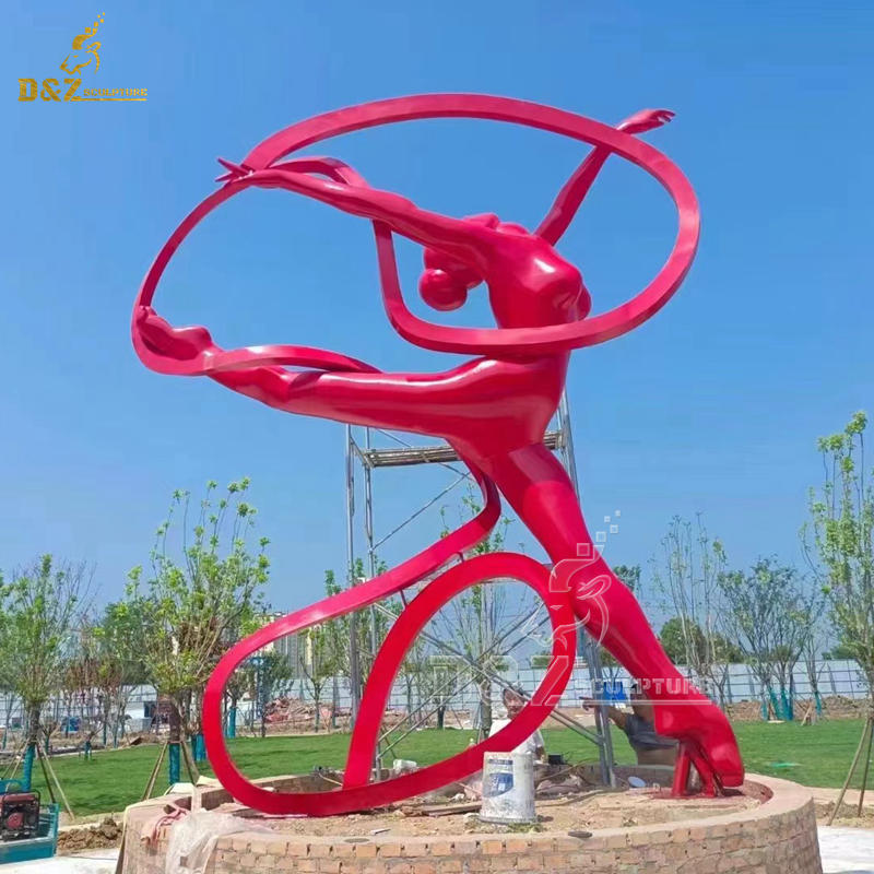 stainless steel red abstract dancer sculpture with red ribbon for garden decorate DZM 1307
