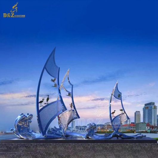 stainless steel art modern sculpture metal large sailboat sculptures with wave for sale DZM 1347