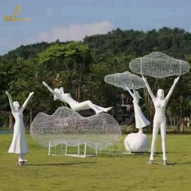 stainless steel white figure sculpture art modern with cloud for garden decorate DZM 1380