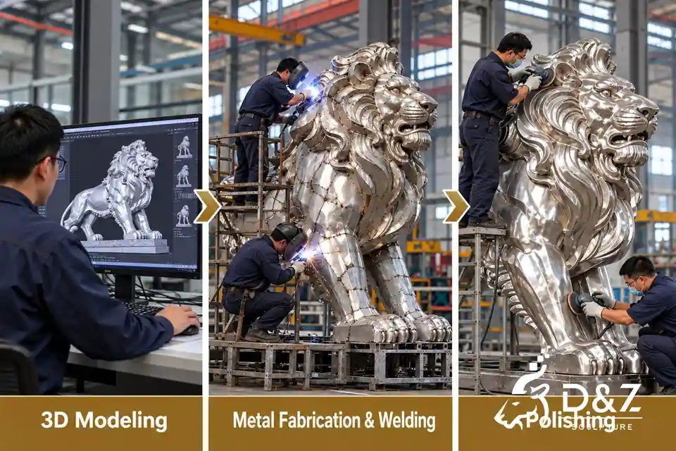 Golden lion sculpture manufacturing process showing 3D modeling, metal fabrication and welding, and polishing for a large metal lion sculpture. Golden lion sculpture manufacturing process showing 3D modeling, metal fabrication and welding, and polishing for a large metal lion sculpture.