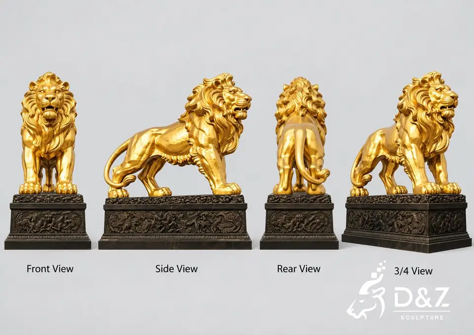 Golden lion sculpture four-view display featuring front, side, rear, and 3/4 views of a large gold lion statue on a decorative base. Golden lion sculpture four-view display featuring front, side, rear, and 3/4 views of a large gold lion statue on a decorative base.