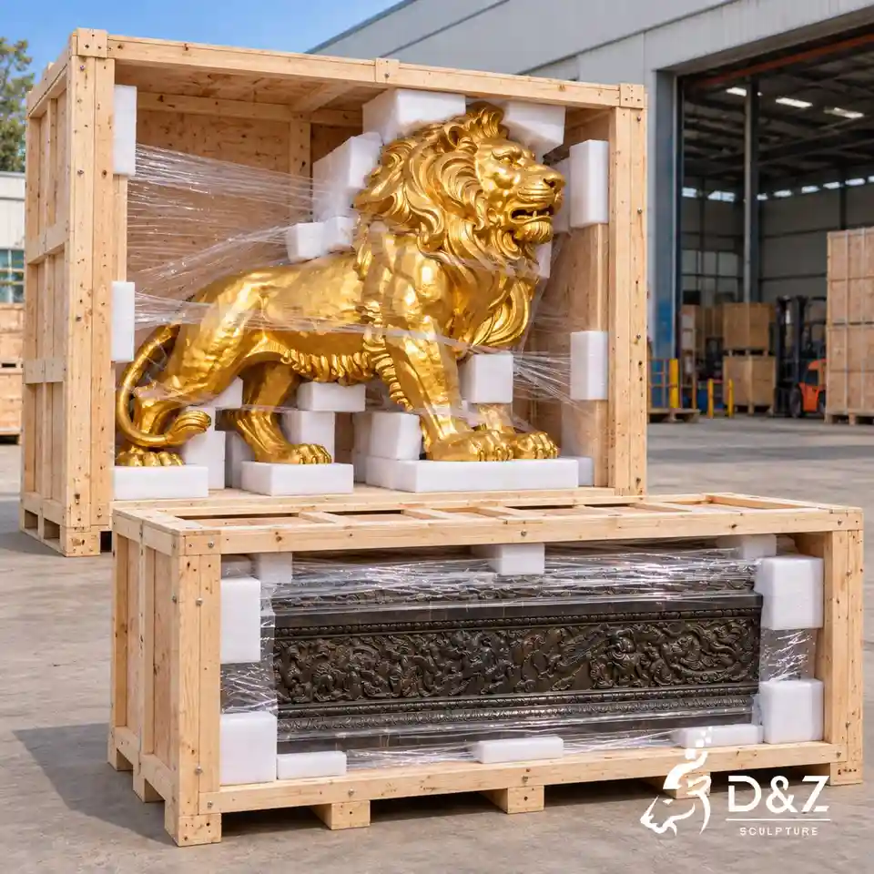 Golden lion sculpture wooden crate packaging with the sculpture and pedestal packed separately in export wooden crates with foam protection. Golden lion sculpture wooden crate packaging with the sculpture and pedestal packed separately in export wooden crates with foam protection.