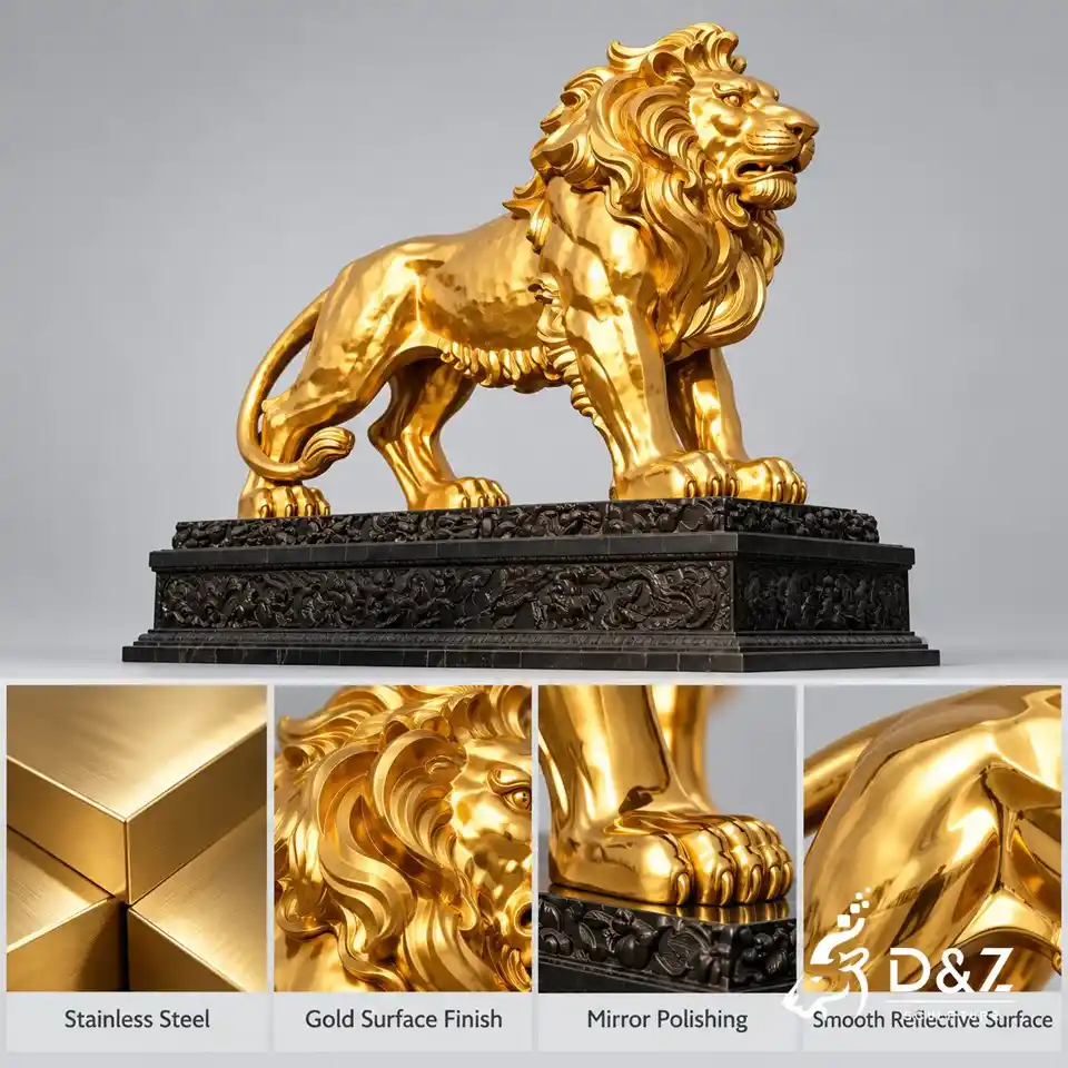 Golden lion sculpture material and finish details showing stainless steel, gold surface finish, mirror polishing, and smooth reflective surface. Golden lion sculpture material and finish details showing stainless steel, gold surface finish, mirror polishing, and smooth reflective surface.