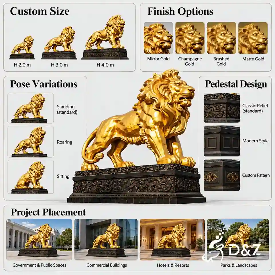 Golden lion sculpture custom options including size selection, finish options, pose variations, pedestal design, and project placement examples. Golden lion sculpture custom options including size selection, finish options, pose variations, pedestal design, and project placement examples.