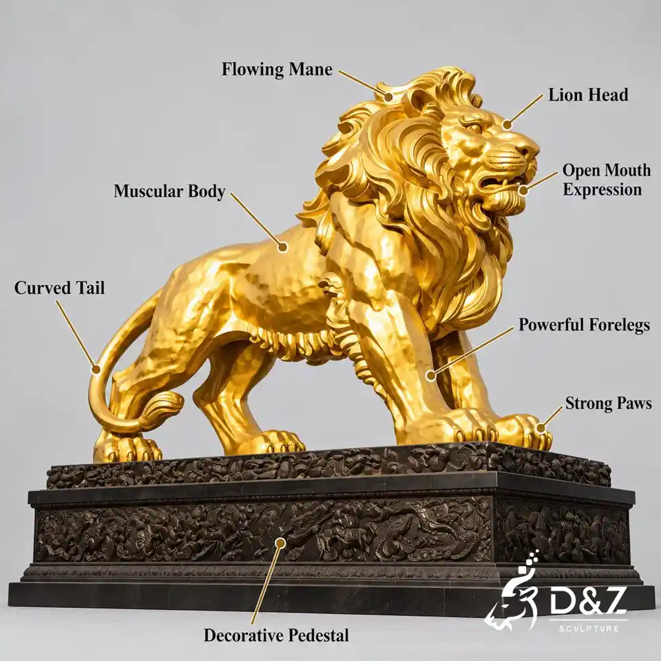 Golden lion sculpture detail annotations pointing out the lion head, flowing mane, muscular body, curved tail, strong paws, and decorative pedestal. Golden lion sculpture detail annotations pointing out the lion head, flowing mane, muscular body, curved tail, strong paws, and decorative pedestal.