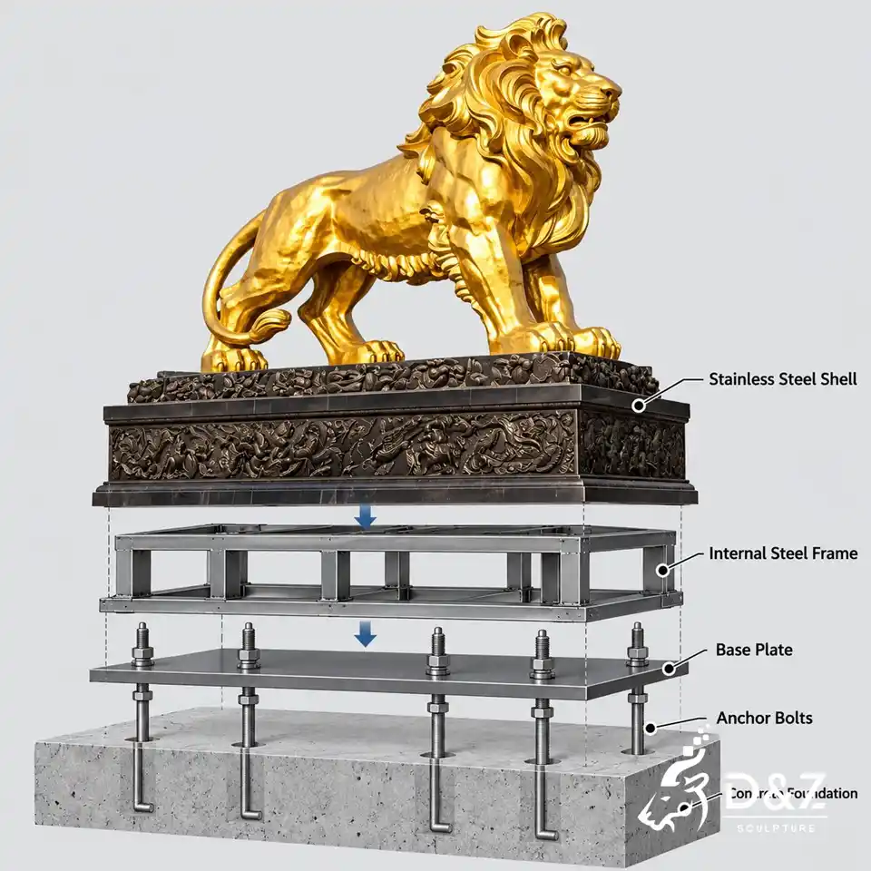 Golden lion sculpture structure and installation diagram showing the stainless steel shell, internal steel frame, base plate, anchor bolts, and concrete foundation. Golden lion sculpture structure and installation diagram showing the stainless steel shell, internal steel frame, base plate, anchor bolts, and concrete foundation.