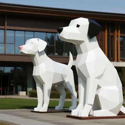 White Geometric Dog Sculpture | Metal Outdoor Decor-1