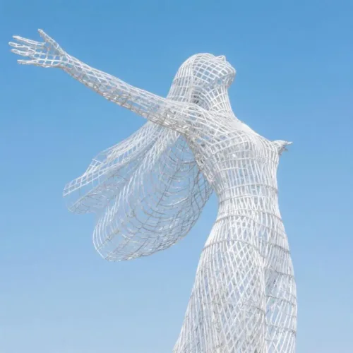 Abstract Woman Sculpture Holding Globe | Modern Hollow Art DZN174-3