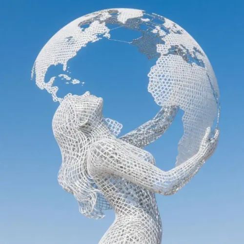 Abstract Woman Sculpture Holding Globe | Modern Hollow Art DZN174-4