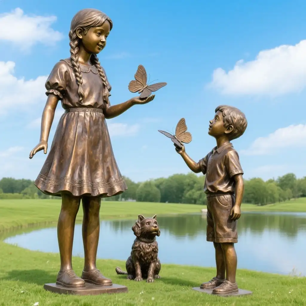 Bronze Boy And Girl Garden Statues with Butterflies and Dog DZN160-1