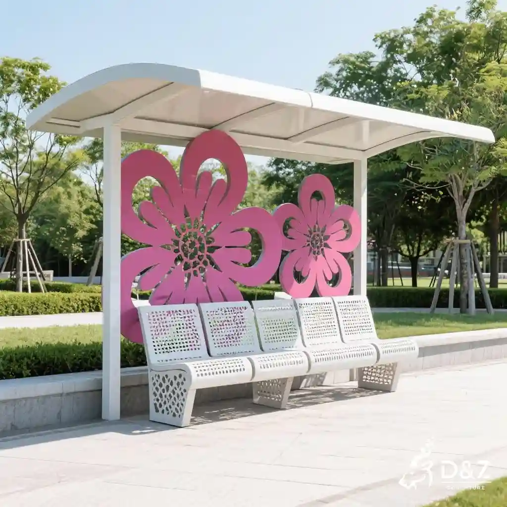 Large Metal Flower Bench Seating Installation with Canopy DZN225-1