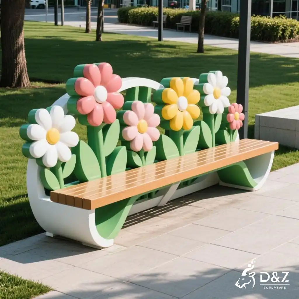 Colorful Stainless Steel Flower Bench Sculpture for Sale DZN226-1