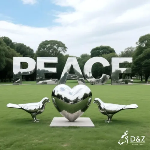 Large PEACE Sculpture with Heart and Doves Metal Word Art DZN188-1 Large PEACE Sculpture with Heart and Doves Metal Word Art DZN188-1