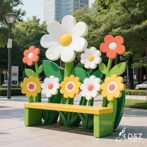 Colorful Stainless Steel Flower Bench Sculpture for Sale DZN226-2
