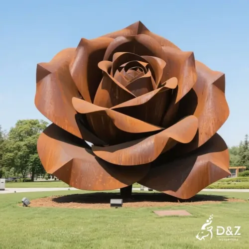 Geometric Corten Rose Sculpture Large Rusted Steel Flower Art DZN229-2