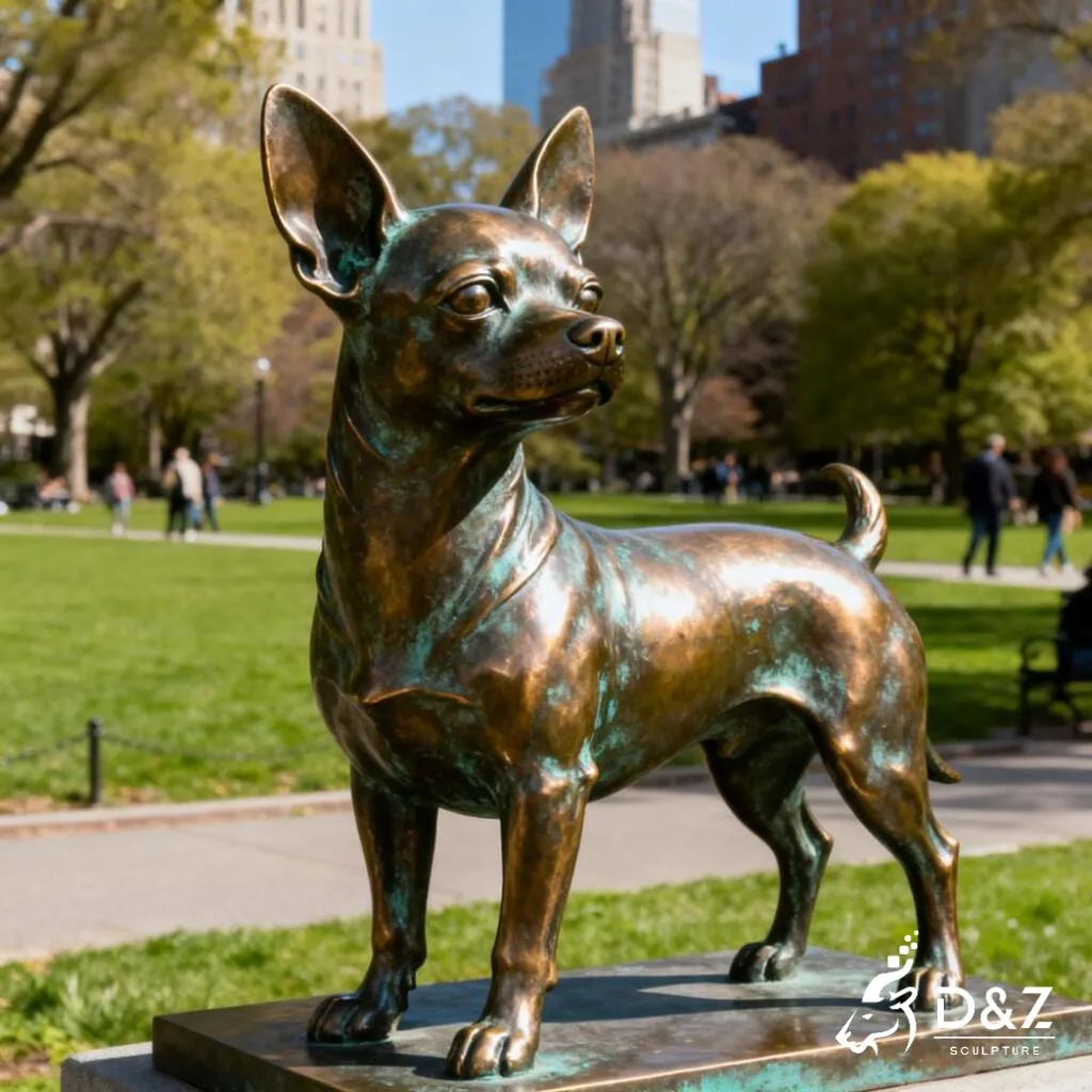 Large bronze Chihuahua statue, cast by lost-wax method, polished surface, outdoor garden decoration-1