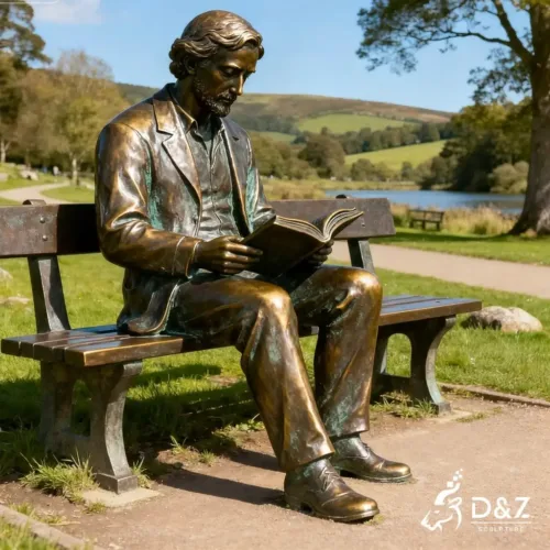 Large bronze man on bench statue, cast by lost-wax method, polished surface, outdoor garden decoration-1