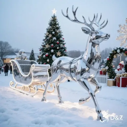 Metal Reindeer Sculpture with Sleigh Christmas Decor DZN268-1