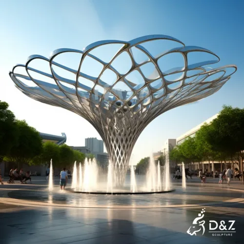 Large hollow metal mesh sculpture fountain, crafted in stainless steel, mirror polished surface, gardens, plazas, or hotels-9