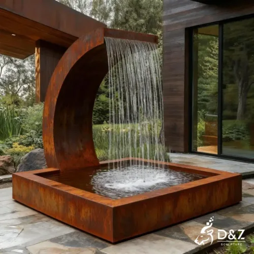 Corten steel water fountain, built from premium weathering steel, timeless finish, hotel, indoor and outdoor installation-1