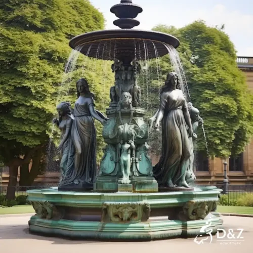 Large bronze water fountain with female statues, cast by lost-wax method, polished surface, outdoor public decoration-7