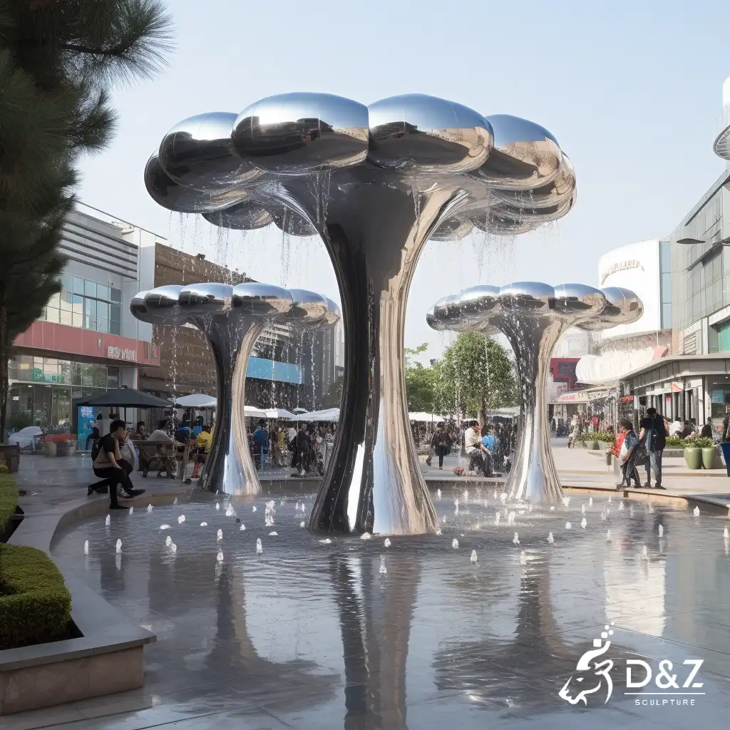Stainless steel tree cloud mushroom water fountain, crafted in stainless steel, mirror polished surface, gardens, plazas, or hotels-7