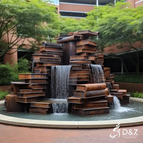 Large cast bronze book fountain, cast by lost-wax method, polished surface, outdoor decoration-3