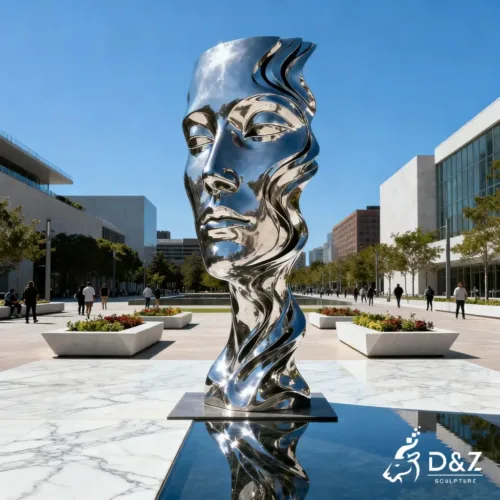 Custom Metal Abstract Human Face Sculpture, crafted in stainless steel, mirror polished surface, gardens, villas, plazas, or hotels-1