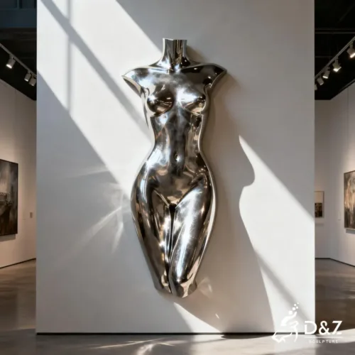 Custom metal female torso wall sculpture, crafted in stainless steel, mirror polished surface, outdoor and indoor spaces-3