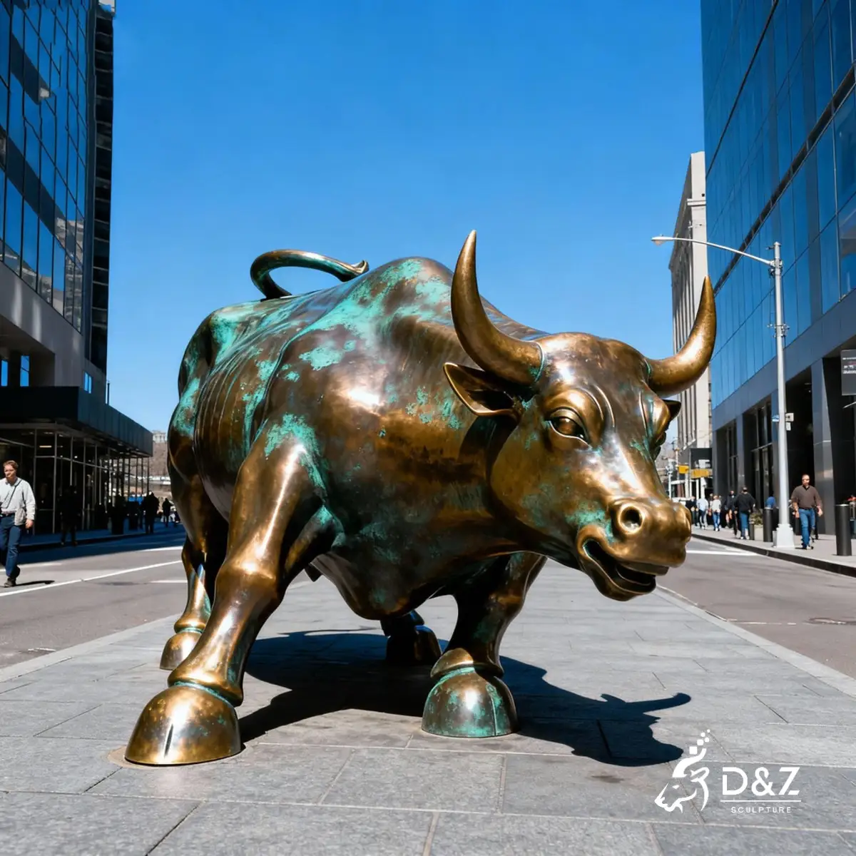 Large bronze wall street bull statue, cast by lost-wax method, polished surface, outdoor public decoration