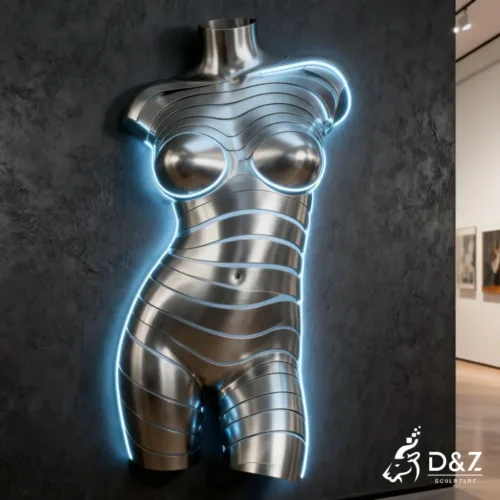 Custom metal female torso wall sculpture, crafted in stainless steel, mirror polished surface, outdoor and indoor spaces-5