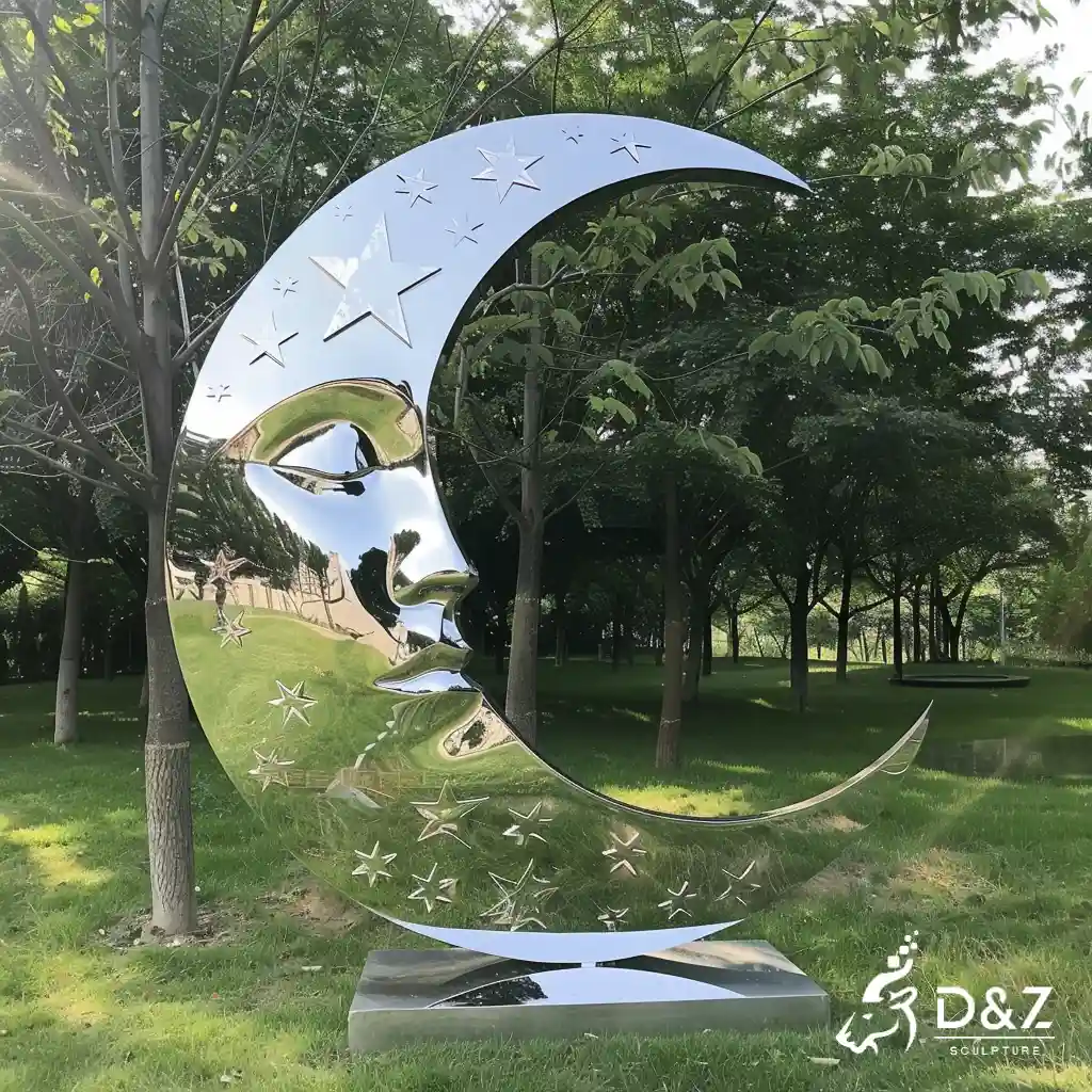 Custom Metal Moon Face Sculpture, crafted in stainless steel, mirror polished surface, gardens, villas, plazas, or hotels-1