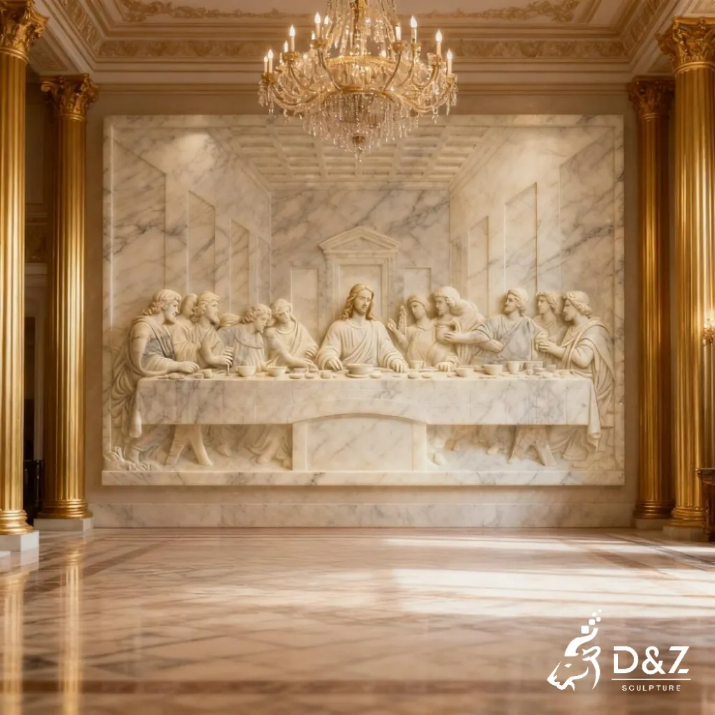 Marble Last Supper wall sculpture, crafted in premium natural marble, timeless finish, indoor and outdoor installation-4
