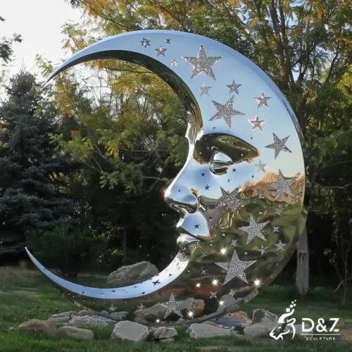 Custom Metal Moon Face Sculpture, crafted in stainless steel, mirror polished surface, gardens, villas, plazas, or hotels-2