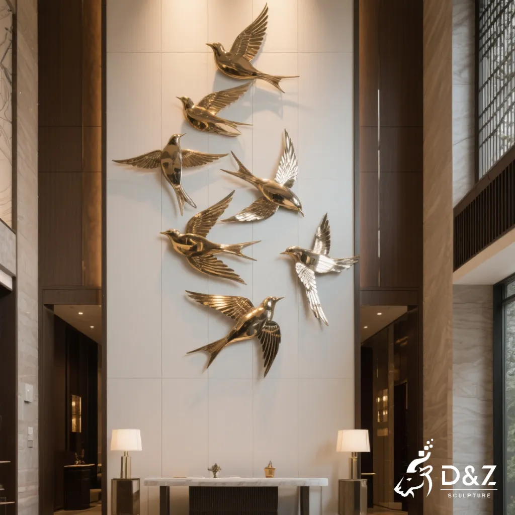 Custom Metal Flying Bird Wall Sculpture, flock of birds, crafted in stainless steel, mirror polished surface, gardens, villas, plazas, or hotels-2