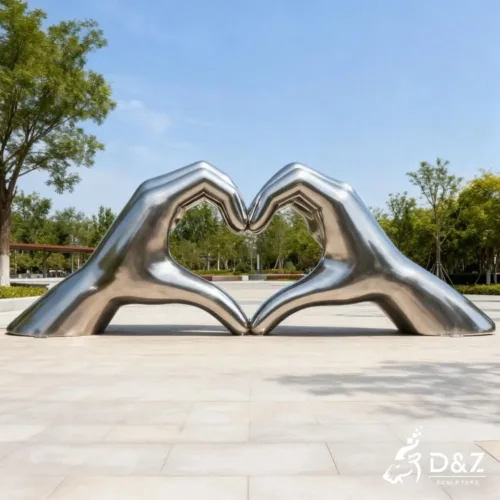 Custom metal I Love You hand sculpture, crafted in stainless steel, mirror polished surface, outdoor and indoor spaces-1