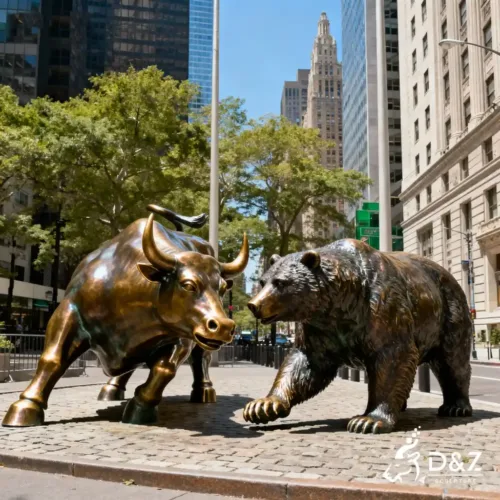 Large bronze wall street bull bear statue, cast by lost-wax method, polished surface, outdoor public decoration-4
