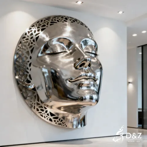 Custom Metal Face Wall Sculpture, crafted in stainless steel, mirror polished surface, gardens, villas, plazas, or hotels-4