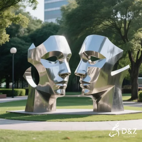 Custom modern two-face sculpture, crafted in stainless steel, mirror polished surface, gardens, villas, museums, plazas, or hotels-1